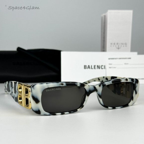 NEW Balenciaga BB0096S 005 White Havana Gray Gold Rectangle Unisex Sunglasses - Picture 1 of 15